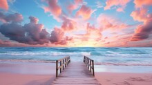  A Wooden Walkway Leading To The Ocean With A Sunset In The Backgroound And Clouds In The Sky.