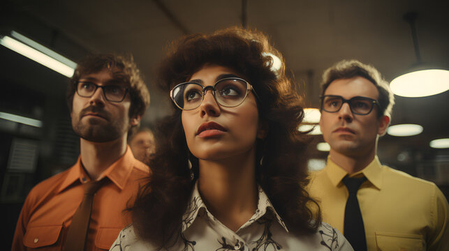 close-up view of indian office workers in a retro india office - 1980’s feel - vintage style - black