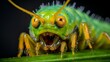 AI generated illustration of a close-up of a large green bug with orange eyes and spiked teeth