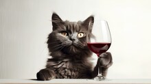 AI-generated Illustration Of An Adorable Gray Cat With A Glass Of Red Wine