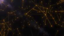 Luxury Golden Plexus Background. Modern Technology Background Of Shining Flowing Lines And Dots. Gold Dust Particles In The Universe. Bright Star Constellations In The Space. Technology, Science. 4k.