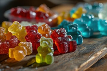 Wall Mural - Delicious Gummy Bears Arranged on a Rustic Wooden Table