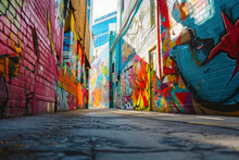 Street Art District, An Urban Landscape Featuring Vibrant Street Art Murals, Creating A Colorful And Dynamic Setting With Copy Space For Creative And Artistic Promotions.