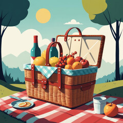 Poster - Sunny Day Picnic - Minimalist digital pop illustration of a picnic basket on a bright sunny day Gen AI