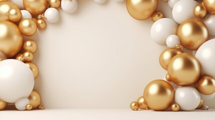 golden circle with balloons, blank space in center, birthday background, copy space, 16:9