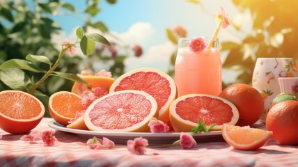 Wall Mural - A sunny table setting with grapefruit juice, sliced fruits, and blossoms