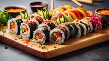 Wall Mural - Assorted sushi rolls beautifully presented on a wooden board