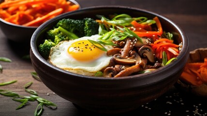 Wall Mural - A bowl of bibimbap with vibrant vegetables and a fried egg