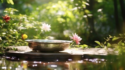 Wall Mural - A serene garden scene with a metallic bowl and a pink flower on a stone slab by water