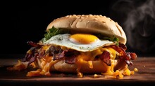 Decadent Cheeseburger With Bacon And A Fried Egg On Top