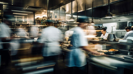 Restaurant kitchen with people motion blur. Long exposure blurred motion of cooks and culinary staff.
