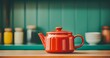 AI generated illustration of a red teapot on a kitchen counter