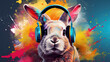 Closeup of grey bunny or rabbit with headphones, background with colored splash design on blue wall, design card, easter