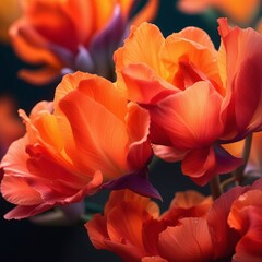 Sticker - bright orange flowers, closeup of petals and leaves, against a dark background