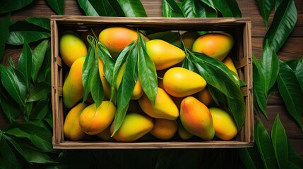 Wall Mural - Top view mango with leaf on the table AI Generative