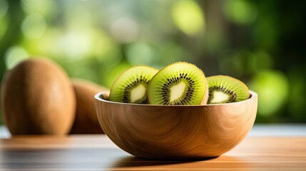 Portrait kiwi fruit slice on the wooden bowl AI Generative