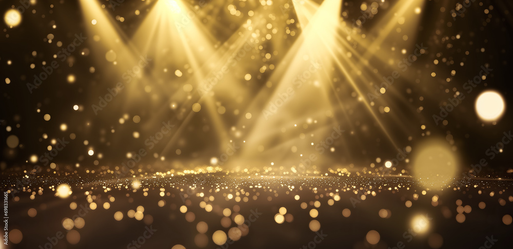 Stage light and golden glitter lights on floor. Golden bokeh spotlights ...