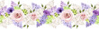 Horizontal seamless border with pink, purple, and white roses, lisianthus flowers, and lilac flowers. Vector floral garland