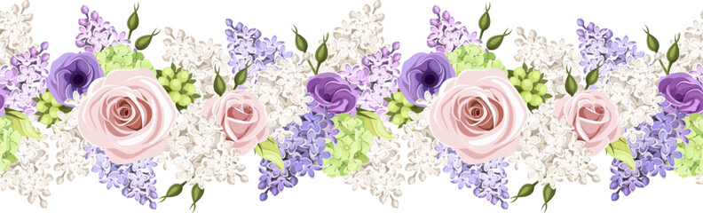 Wall Mural - Horizontal seamless border with pink, purple, and white roses, lisianthus flowers, and lilac flowers. Vector floral garland
