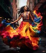 © sergio - A woman in a colorful dress is dancing in the street. Generative AI.