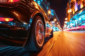 Wall Mural - A low angle view of a fast driving car on a city road at night.