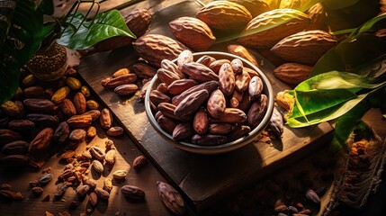 Sticker - Portrait cocoa bean on the bowl with light exposure AI Generative