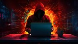Fototapeta Fototapety z końmi - A hooded figure hacking data servers and laptops on the internet while trying to hack vulnerable systems to test cybersecurity and plant a virus or malware, stock illustration image
