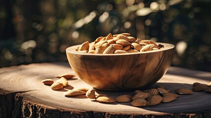 Wall Mural - A bowl almond nuts on the table with light exposure AI Generative