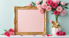 A Gold Frame With Pink Flowers On A Mantle
