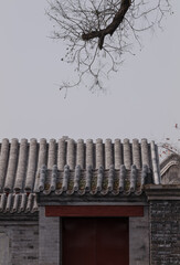 Wall Mural - Rooftop of Chinese traditional building against sky with bare tree. Beijing, China