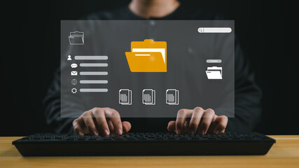 Fototapete - Folder document Management System DMS Open File folder with flying blank documents with computer. File Sharing, Document Transferring, Data transfer backup concept. Searching and managing files.