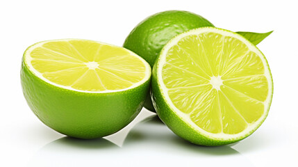 Canvas Print - Green lime with cut in half and slices isolated on white background. AI Generative