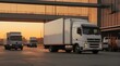 © nur - white truck parked in front of industrial logistics building at sunset. Logistics transport trucks are parked.