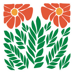 Wall Mural - Orange abstract flowers and green leaves. Minimalist floral art prints inspired by Matisse on square shape. Vector illustration isolated on transparent background.