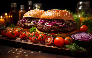 Wall Mural - Tasty food hamburger on a plate with red tomatoes and other vegetables