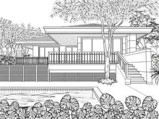 Hand drawn house modern home architecture coloring book page illustration outline line drawing printable 