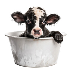 Wall Mural - Baby cow in a tub isolated on white, transparent background