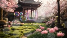 View Of A Gazebo In A Beautiful Garden. Video Animation