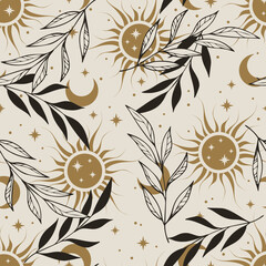 Wall Mural - Seamless vector pattern with sun,  plants, stars, crescent. Boho pattern for astrology, textiles, wrapping paper, design.