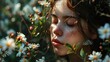 Portrait of a beautiful girl with closed eyes on a background of flowers