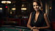 Smiling woman dealer at an empty poker table