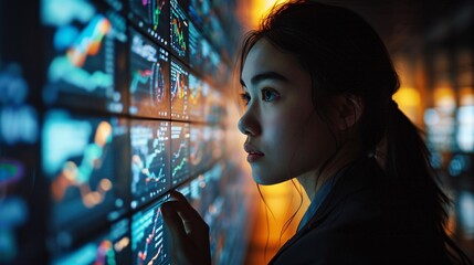 Wall Mural - A woman looking at a screen filled with graphs and charts