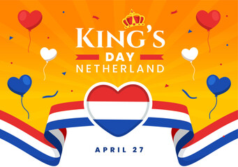 Happy Kings Netherlands Day Vector Illustration on 27 April with Waving Flags and Ribbon in King Celebration Flat Cartoon Background Design