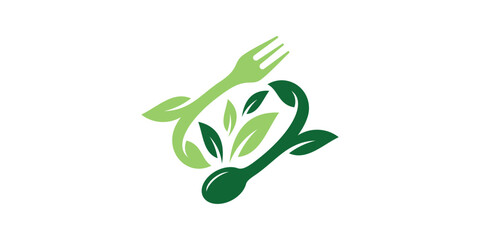 Wall Mural - healthy food logo design with cutlery and leaf elements, icon, vector, symbols.