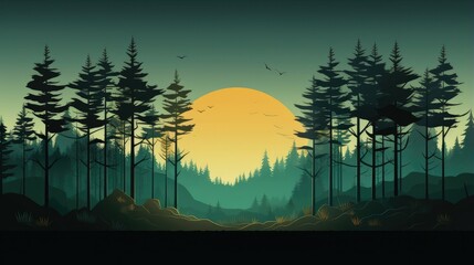 Canvas Print - Tranquil forest scenes with flat tree silhouettes.