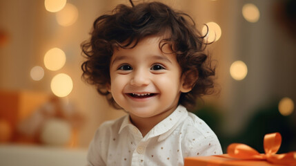 Wall Mural - A young boy with curly hair and a beaming smile, holding an orange wrapped present, in a warm, festive atmosphere.