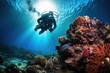 scuba driver diving swimming in deep of sea