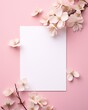 Elegant floral and paper blank in center. Beautiful flower. Branding mock up, holiday marketing concept. soft color pink background. Valentine's Day, Easter, Birthday, Happy Women's Day, Mother's Day.
