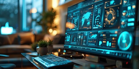 Smart home screen control dashboard with online connectivity and device control via network scheduler.