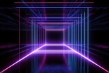 Fototapeta Przestrzenne - 3d render Geometric figure neon light dark tunnel Laser glow